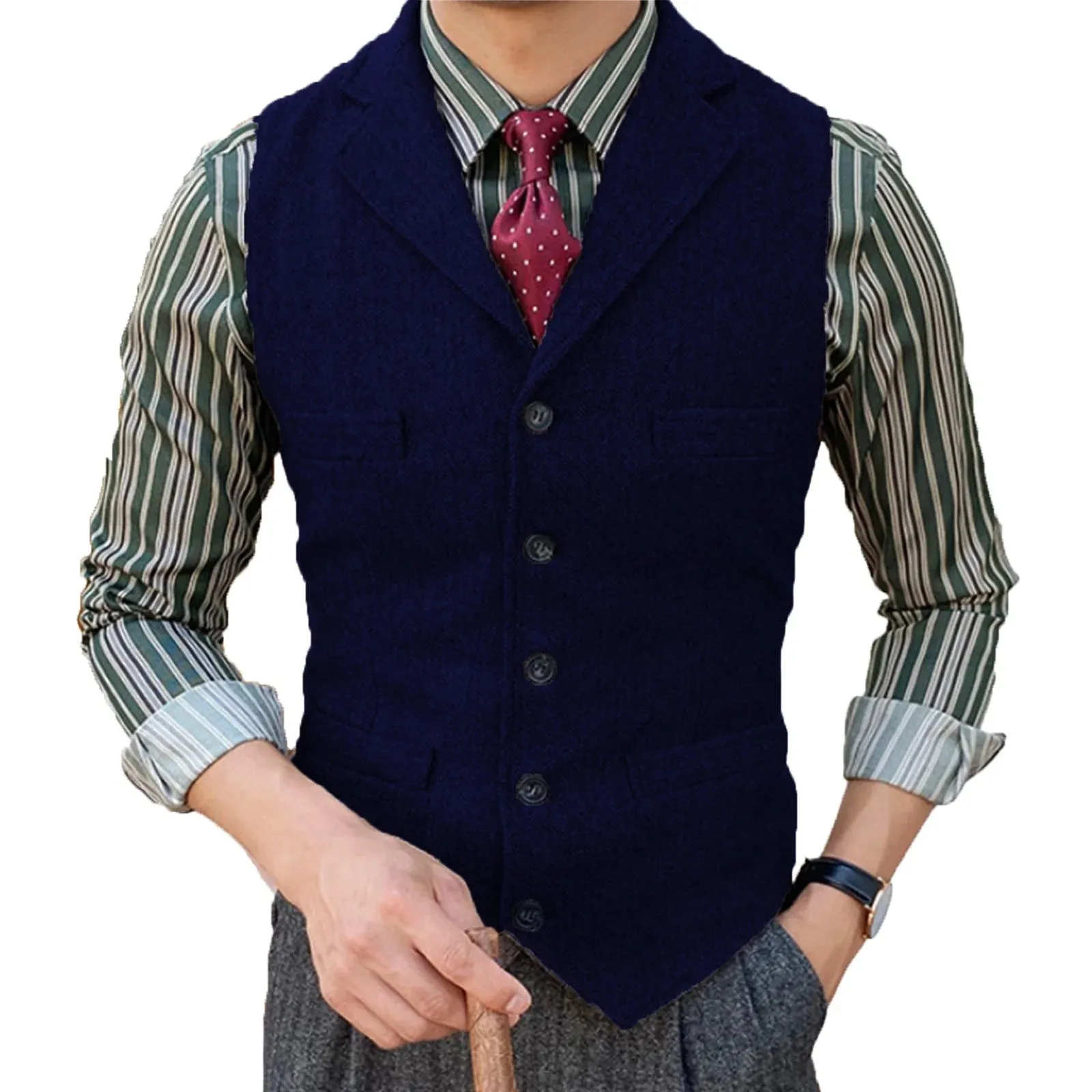 Wiaofellas  -  Men's Vest Burgundy Slim Fit Suits Vest Tweed Notch Lapel Wool Business Casual Waistcoat Grossmen For Wedding