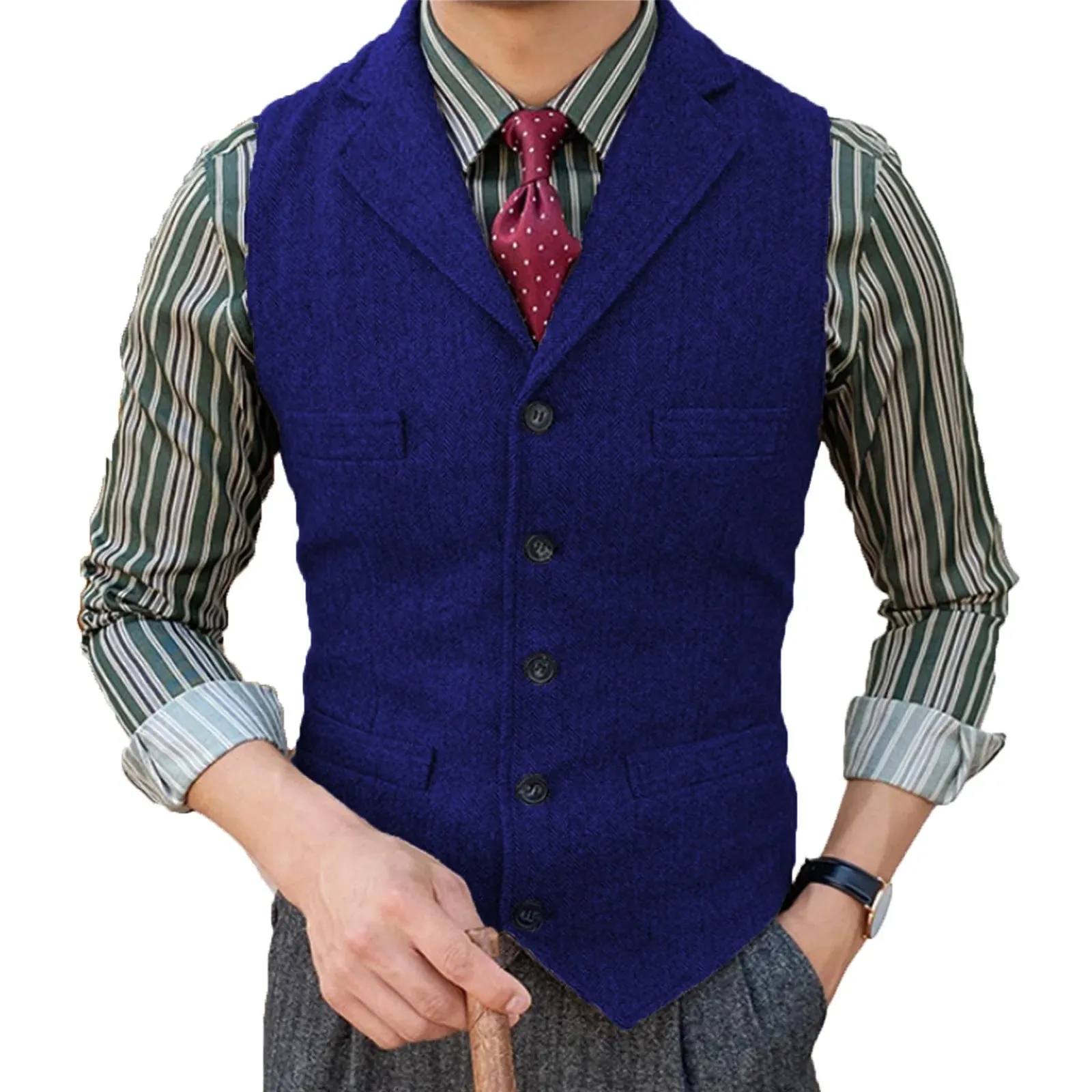 Wiaofellas  -  Men's Vest Burgundy Slim Fit Suits Vest Tweed Notch Lapel Wool Business Casual Waistcoat Grossmen For Wedding