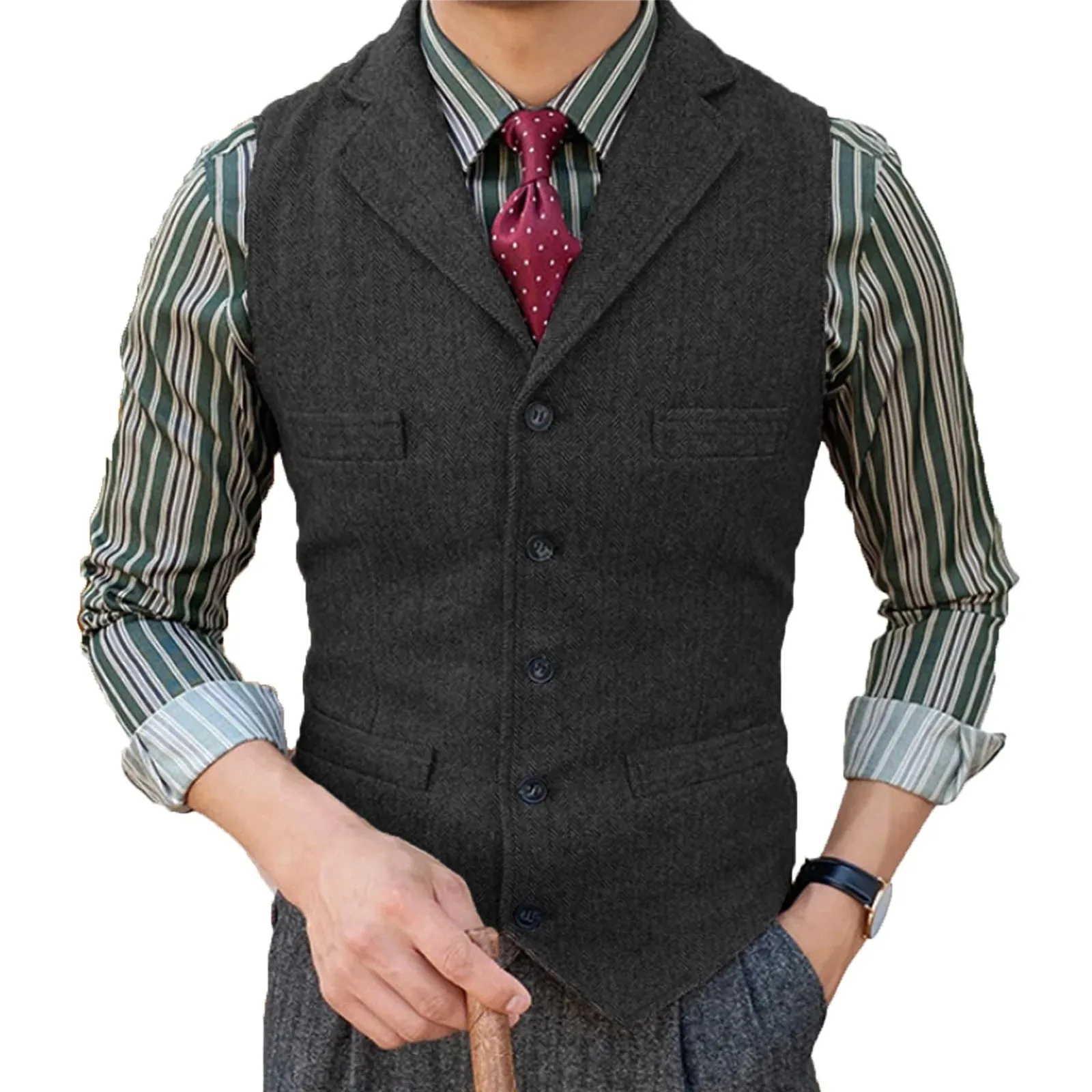 Wiaofellas  -  Men's Vest Burgundy Slim Fit Suits Vest Tweed Notch Lapel Wool Business Casual Waistcoat Grossmen For Wedding