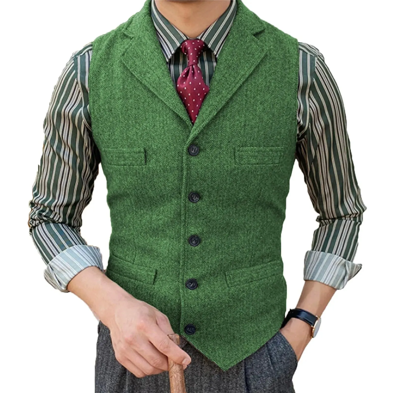 Wiaofellas  -  Men's Vest Burgundy Slim Fit Suits Vest Tweed Notch Lapel Wool Business Casual Waistcoat Grossmen For Wedding