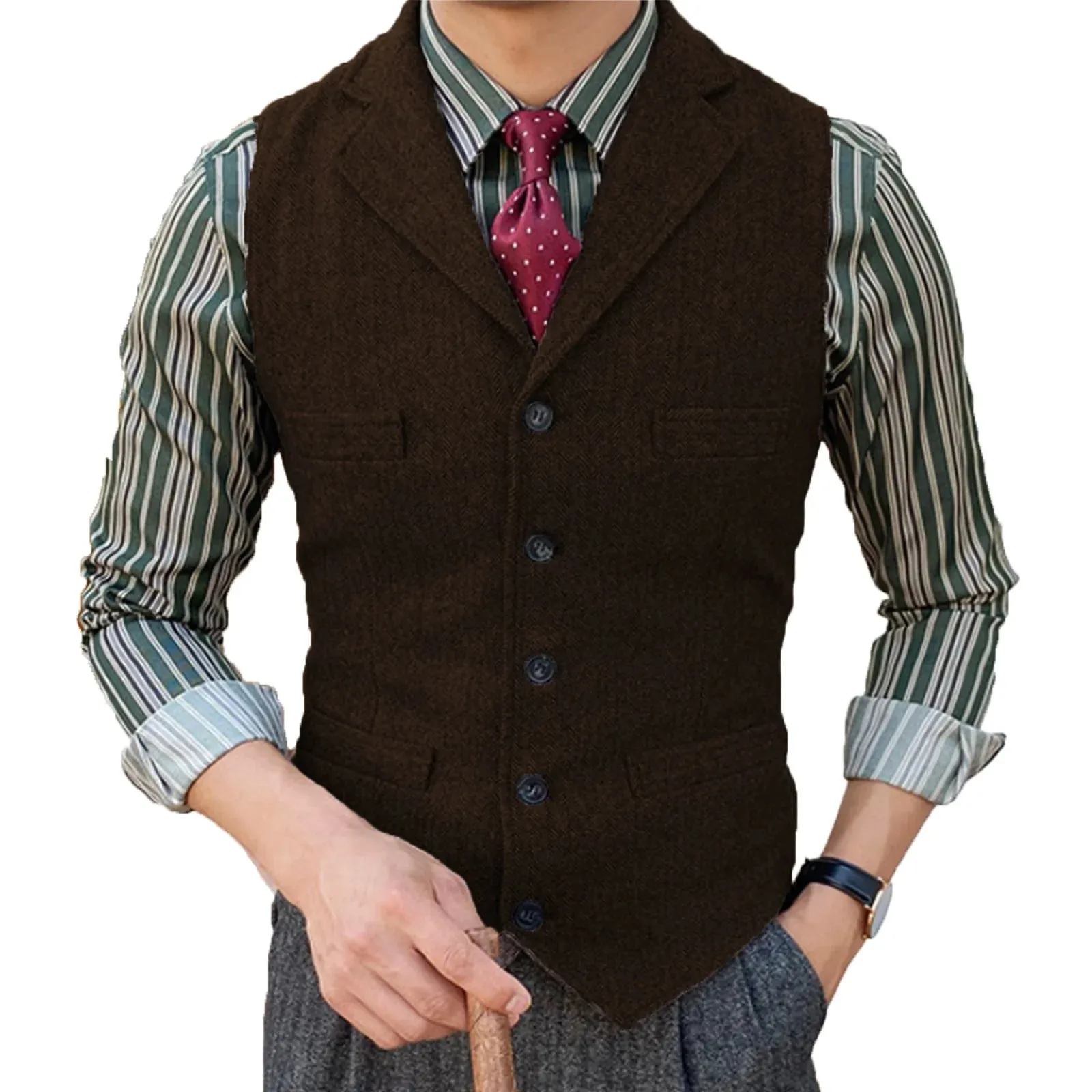 Wiaofellas  -  Men's Vest Burgundy Slim Fit Suits Vest Tweed Notch Lapel Wool Business Casual Waistcoat Grossmen For Wedding