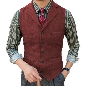 Wiaofellas  -  Men's Vest Burgundy Slim Fit Suits Vest Tweed Notch Lapel Wool Business Casual Waistcoat Grossmen For Wedding