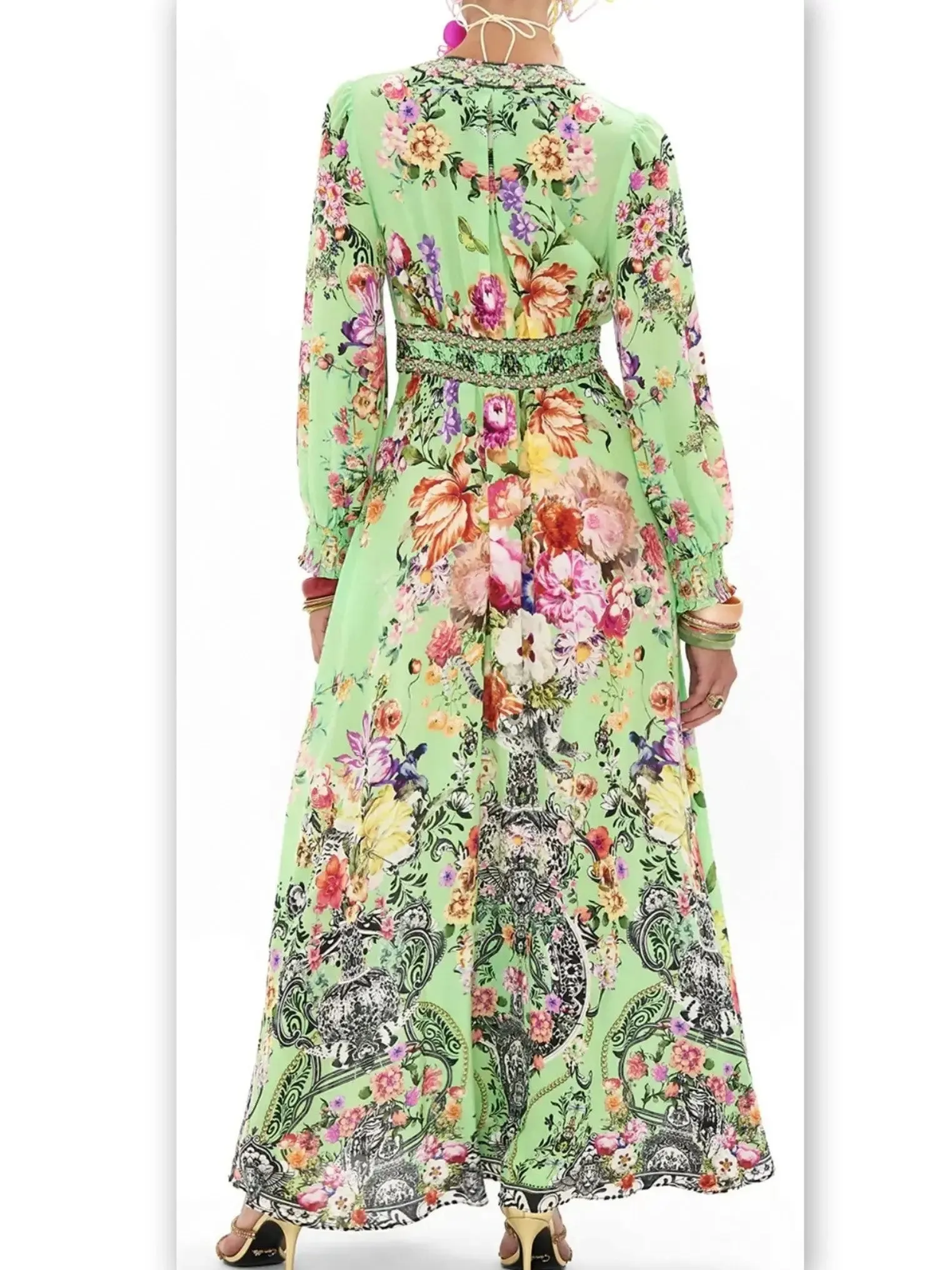 Women’s Bright Green Button-Down Dress with Multicolored Floral Print