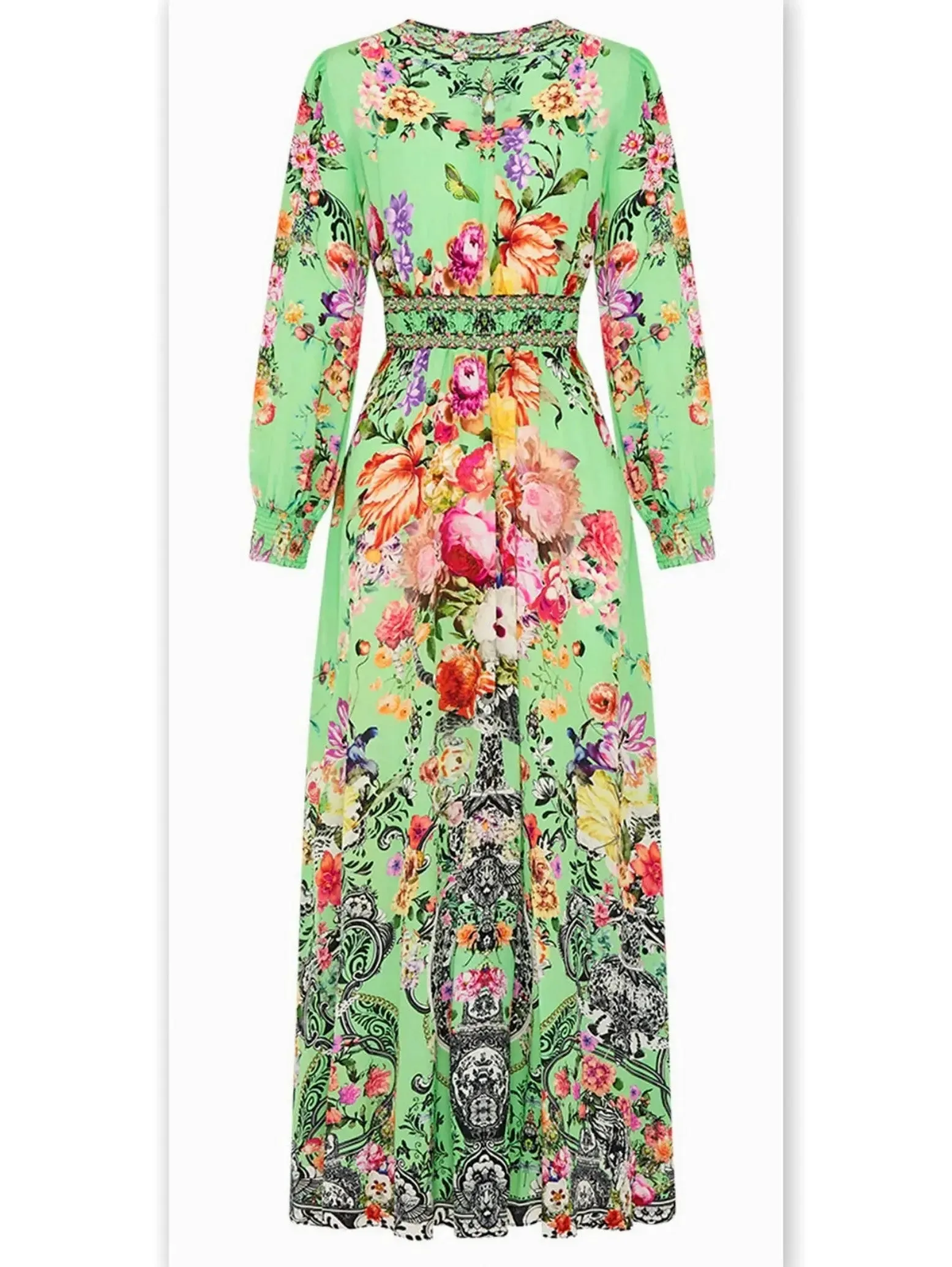Women’s Bright Green Button-Down Dress with Multicolored Floral Print
