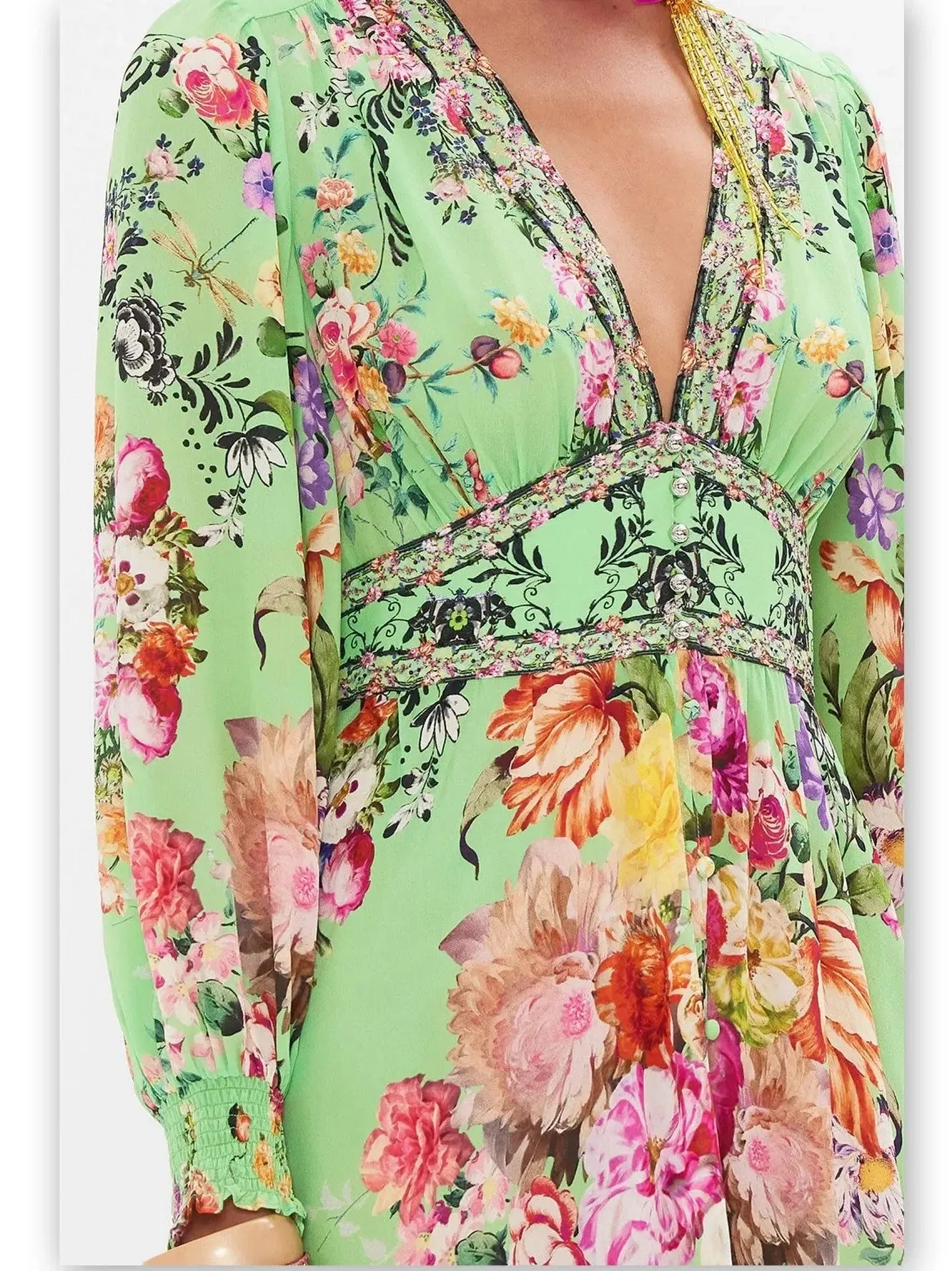 Women’s Bright Green Button-Down Dress with Multicolored Floral Print