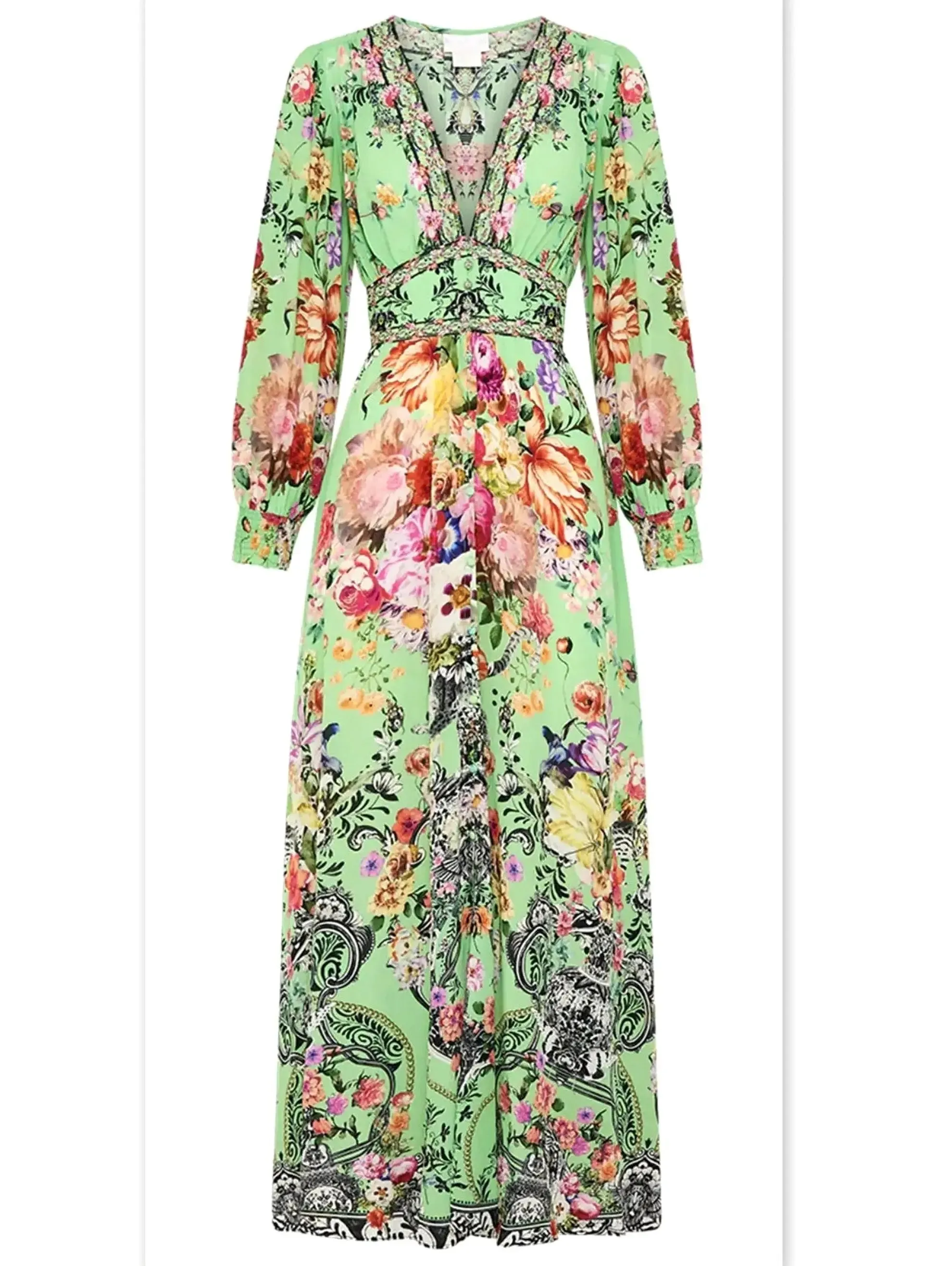 Women’s Bright Green Button-Down Dress with Multicolored Floral Print