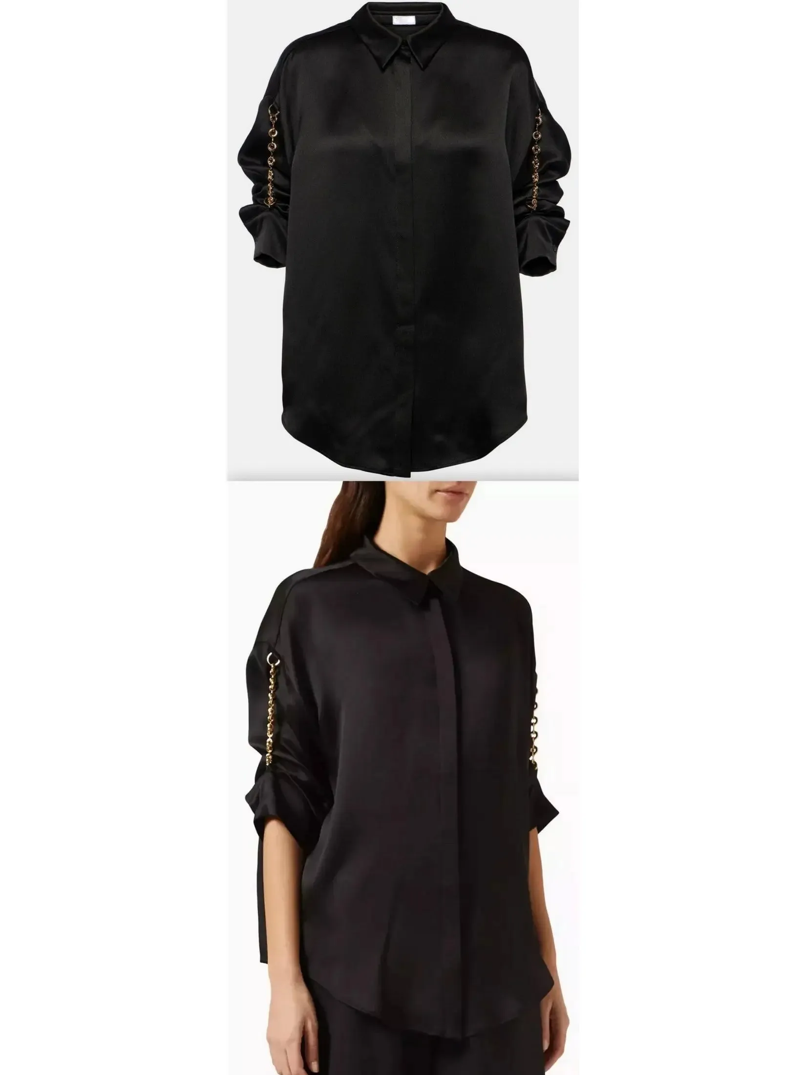 Women’s Chain-Sleeve Satin Shirt, Black