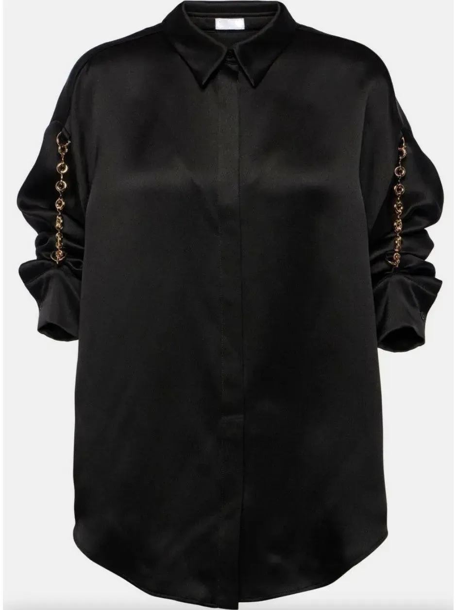 Women’s Chain-Sleeve Satin Shirt, Black
