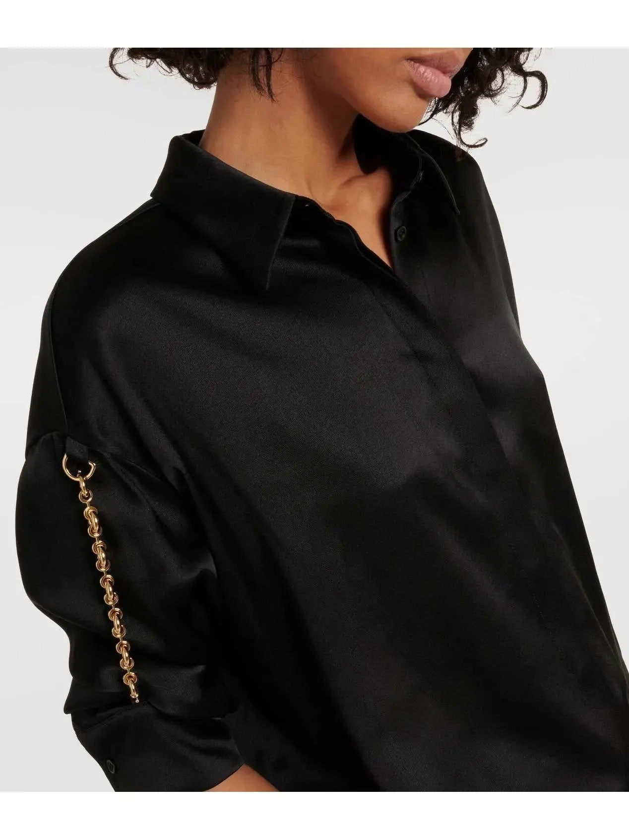 Women’s Chain-Sleeve Satin Shirt, Black