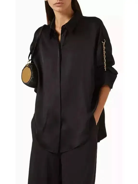 Women’s Chain-Sleeve Satin Shirt, Black