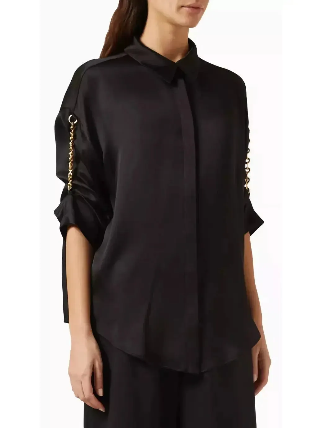Women’s Chain-Sleeve Satin Shirt, Black