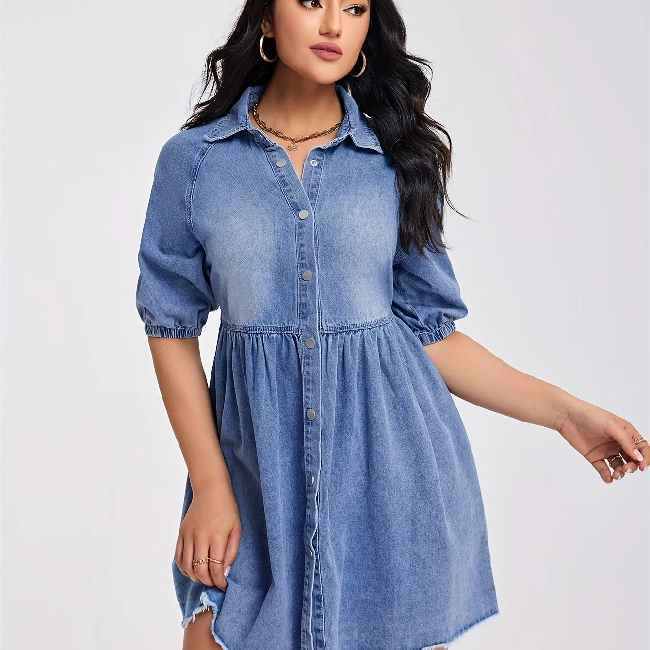 Women's Plain Denim Dress Casual Elastic Short Sleeve With Frayed Hem And Button Front